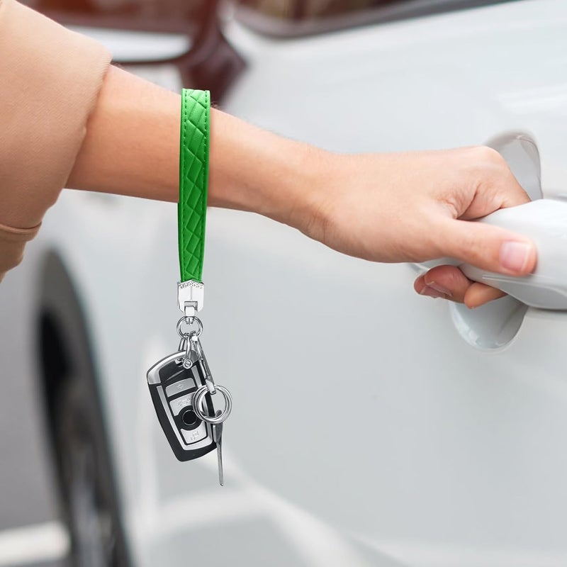 OHKYOOT Store Leather Wristlet Keychain,Car Key Chain Wrist Keychain with 3 Key Ring and Anti-Lost D Ring (Green) - Image 3